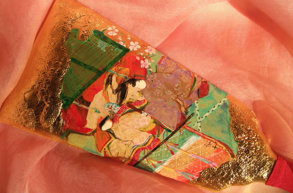 ６、源氏物語絵巻「花宴（はなうたげ）」の手描き彩色羽子板