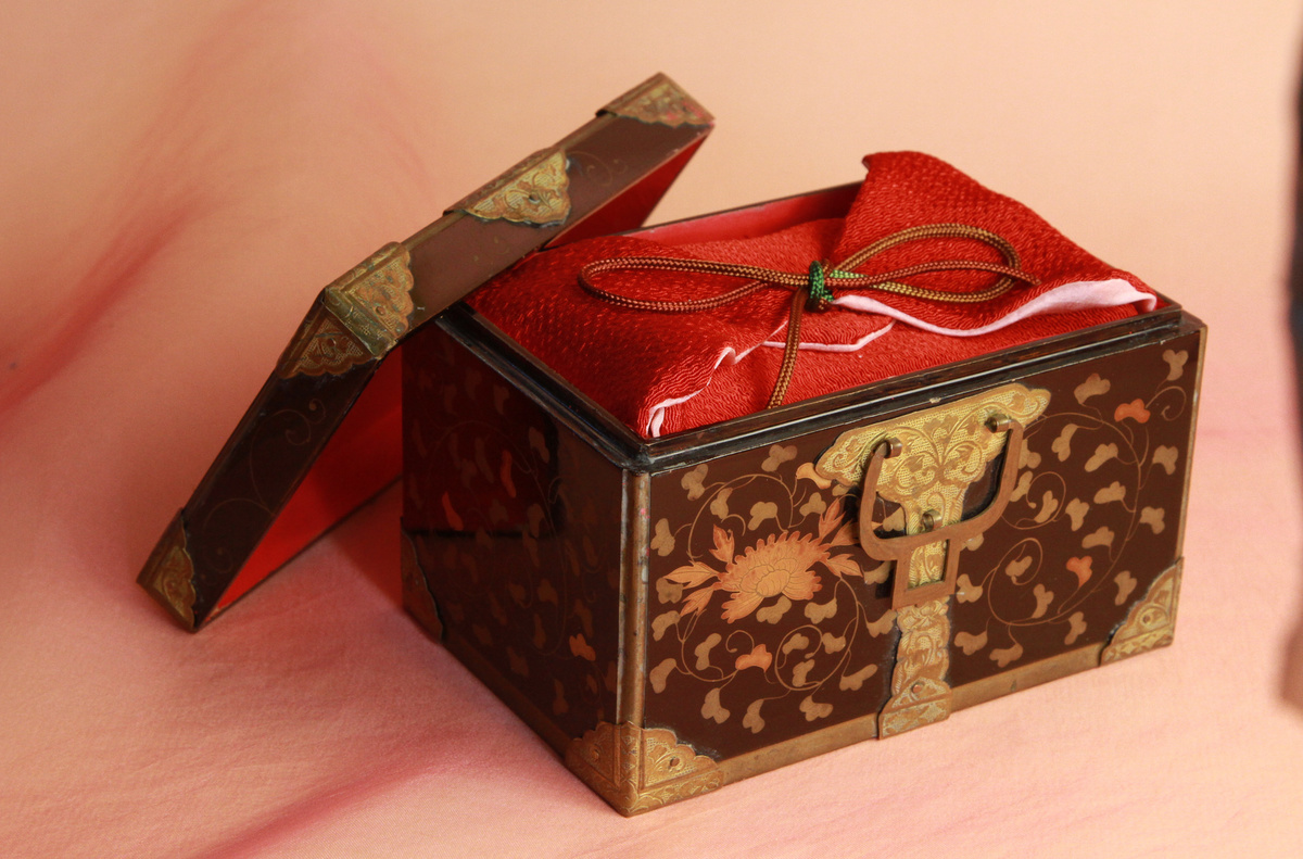小箱を開けると、中には染色の清家文香さんが作ったお雛様を納める袋が納められています。